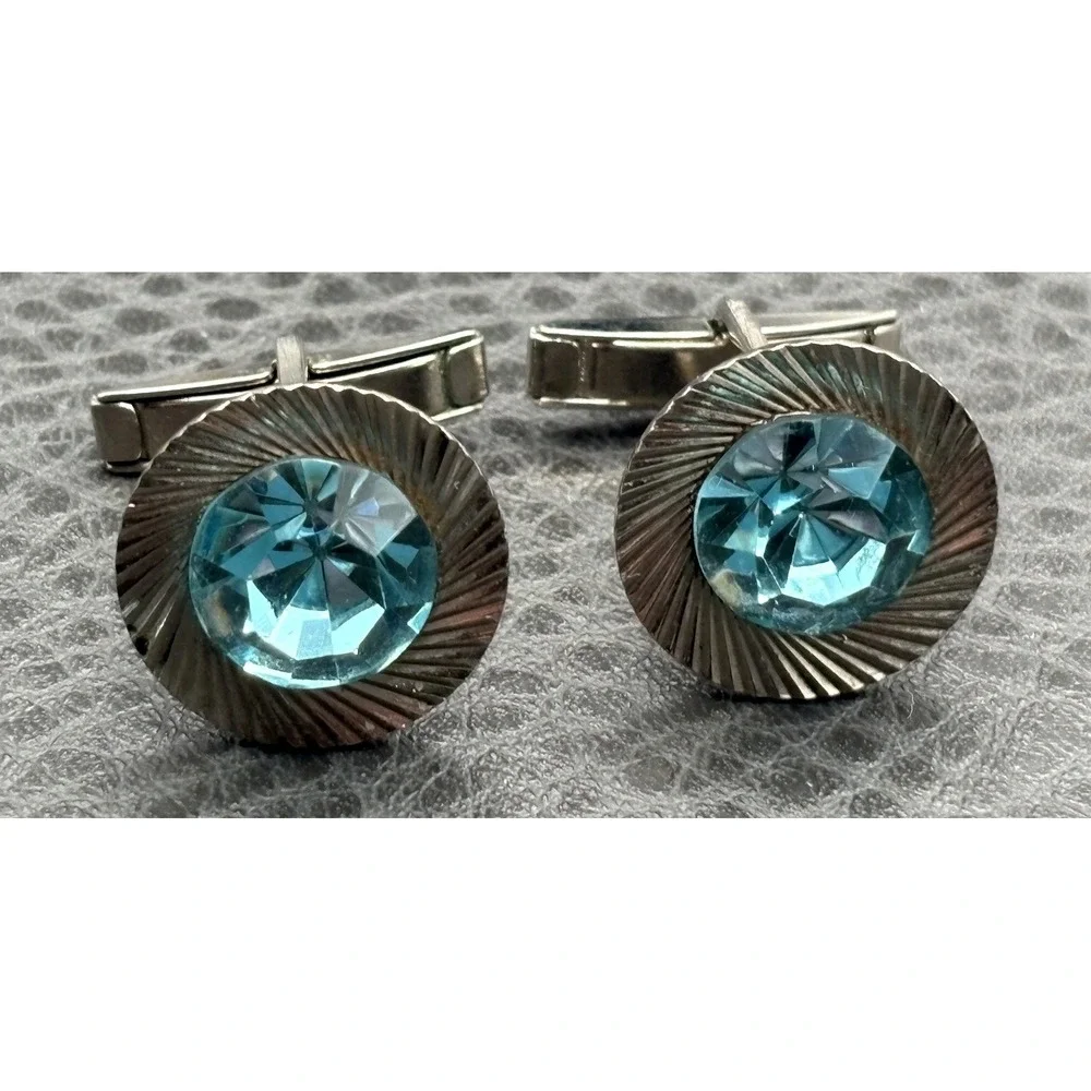 Vintage Faux Blue Topaz Crystal Rhinestone Etched Cufflinks Silver Tone